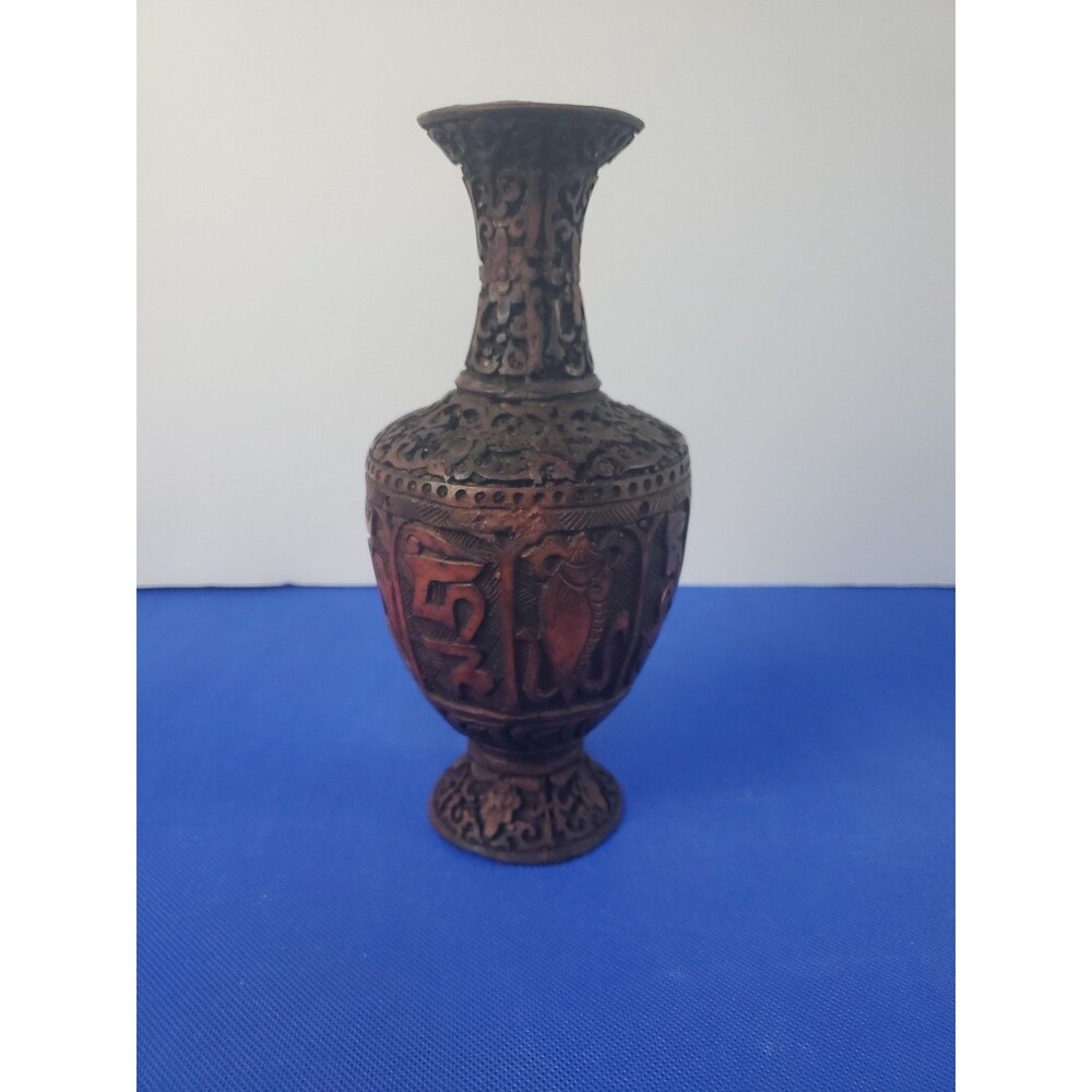 Antique Chinese Hand Carved Cinnabar Lacquer on Brass Vases See Pictures Read